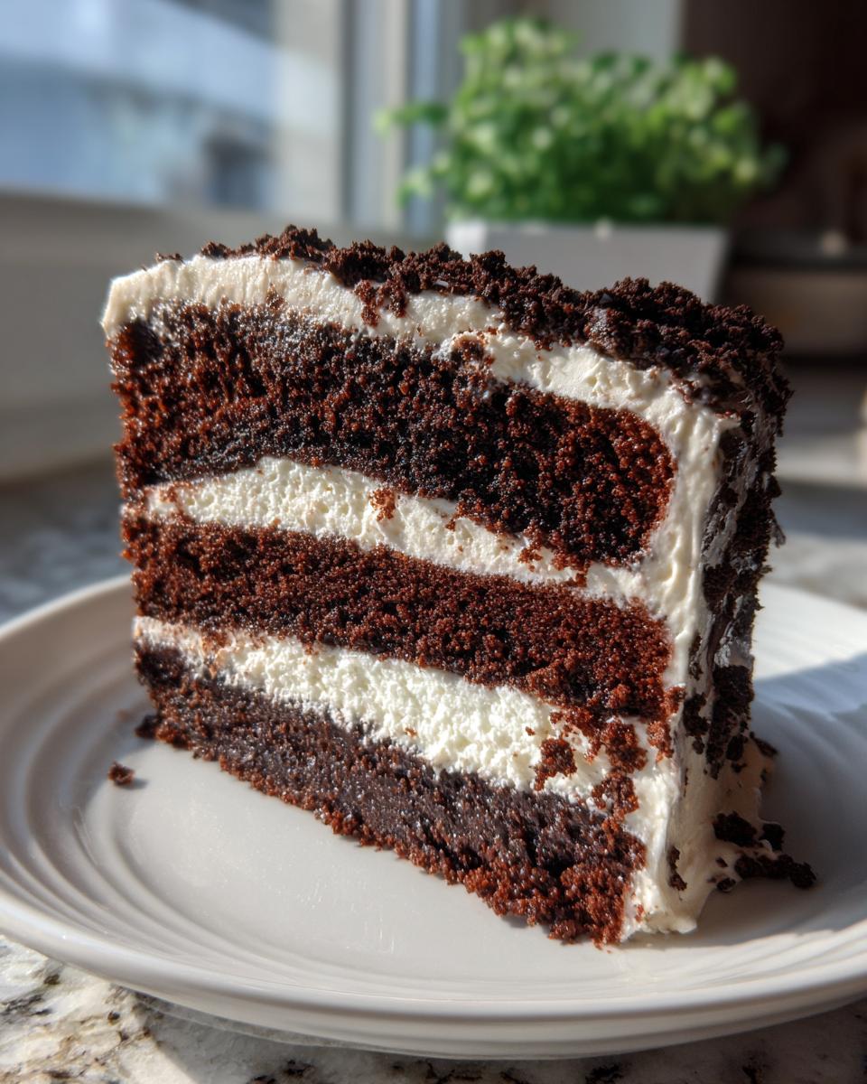 A tall, decadent slice of dark chocolate cake layered with thick white frosting, likely representing the amazing italian love cake.