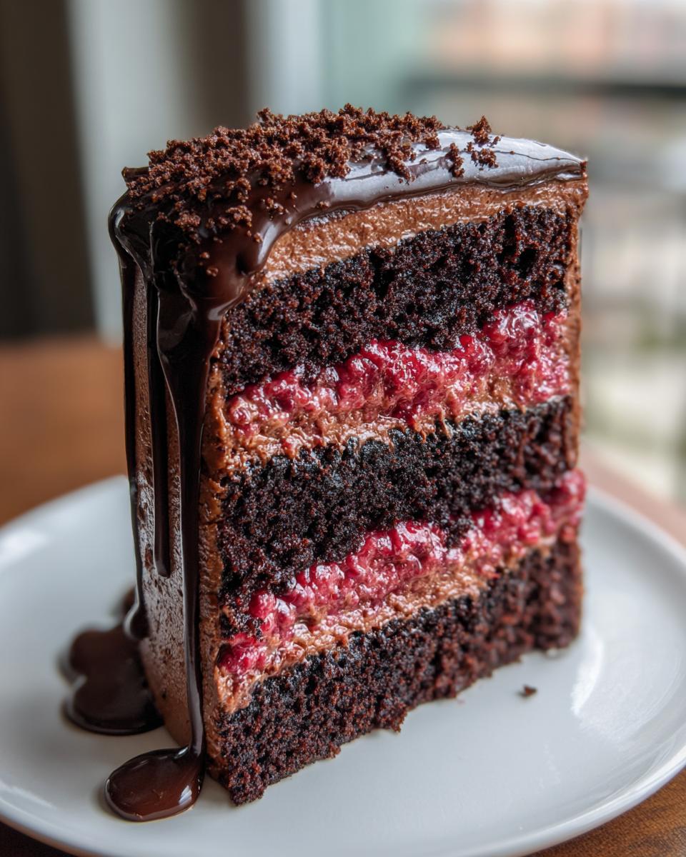 Close-up of a decadent slice of chocolate raspberry cake with multiple dark layers, raspberry filling, and chocolate ganache drip.