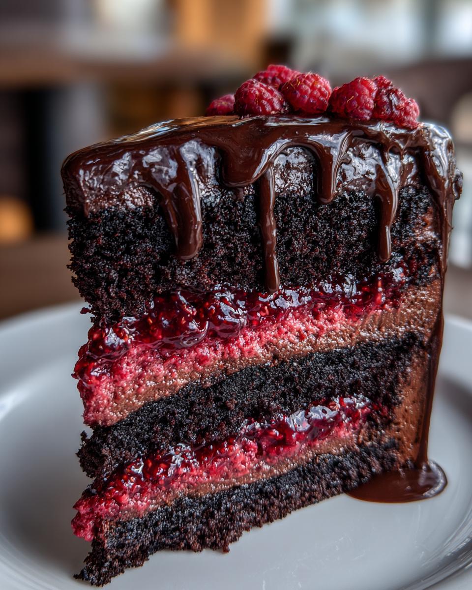 Close-up of a decadent slice of chocolate raspberry cake layered with dark chocolate cake, raspberry filling, and topped with chocolate ganache and fresh raspberries.