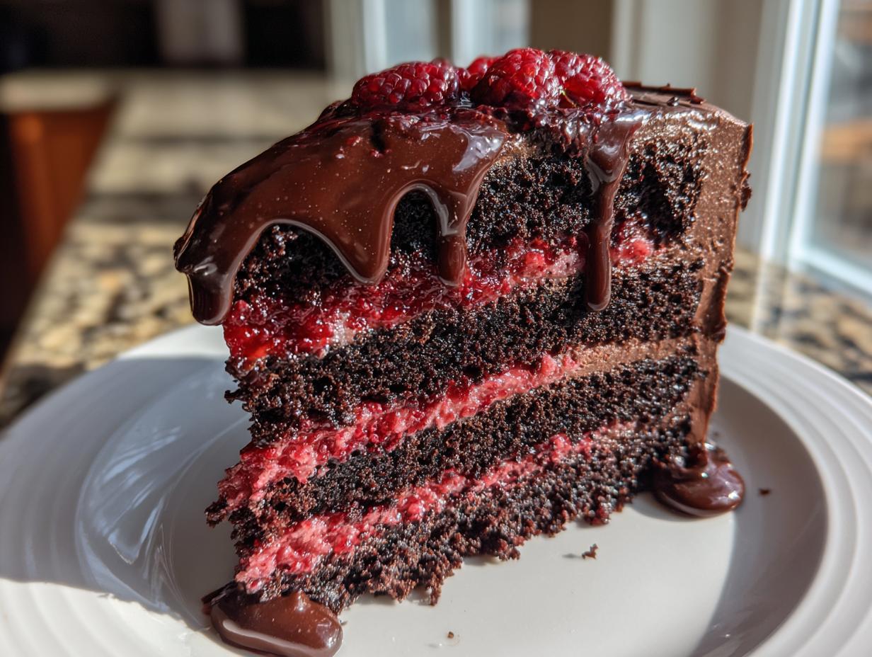 A decadent slice of chocolate raspberry cake showing three dark chocolate layers separated by bright red raspberry filling, topped with ganache drip and fresh raspberries.