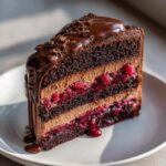 A decadent slice of chocolate raspberry cake featuring dark chocolate layers, raspberry filling, and dripping chocolate ganache.
