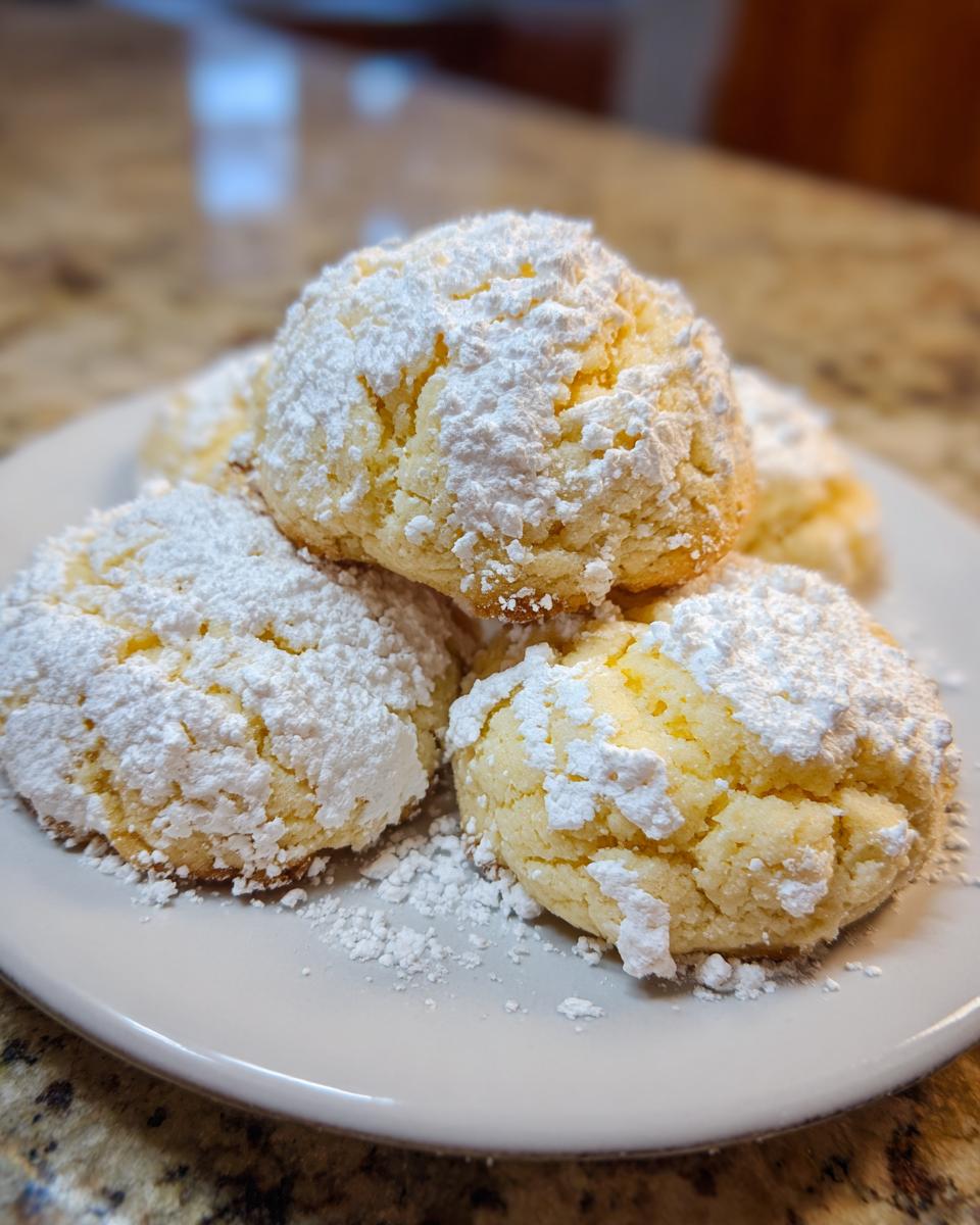 A close-up of several soft, yellow Christmas gooey butter cookies heavily dusted with powdered sugar on a white plate.