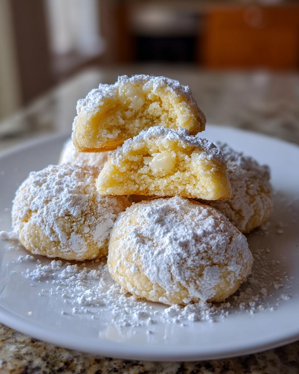 A stack of soft Christmas gooey butter cookies heavily dusted with powdered sugar, one cookie broken open to show the texture.