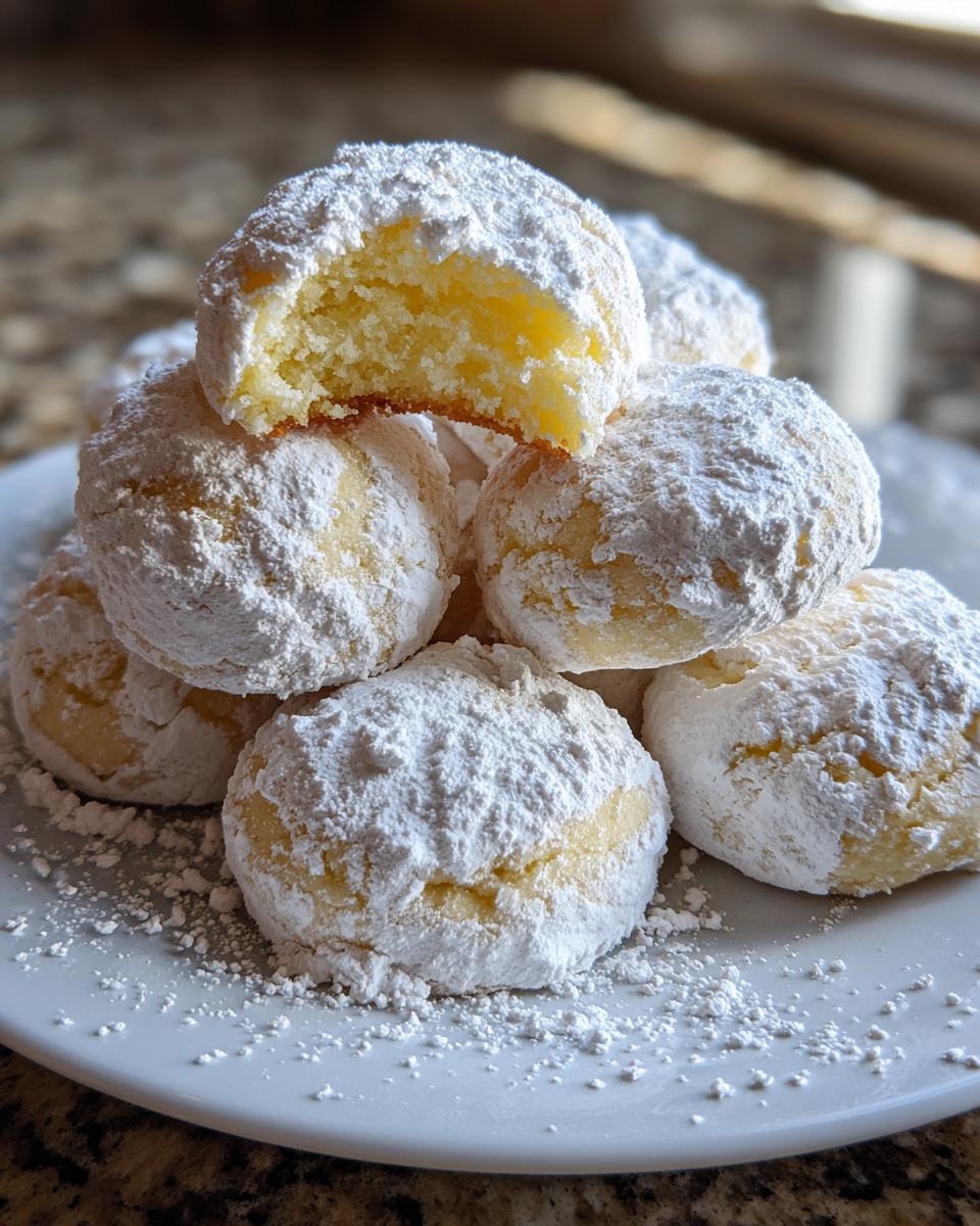 A stack of soft Christmas gooey butter cookies heavily dusted with powdered sugar, one cookie on top has a bite taken out.