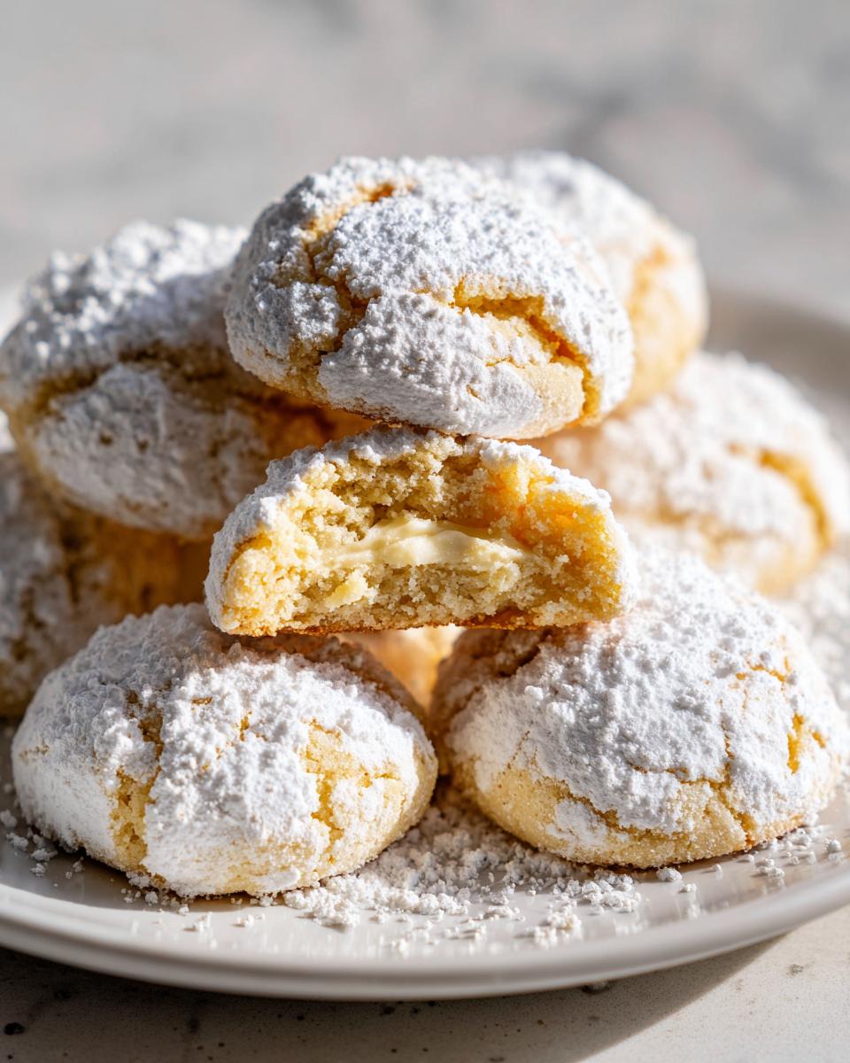 A stack of Christmas gooey butter cookies heavily dusted with powdered sugar, one cookie is broken open revealing the soft, creamy center.