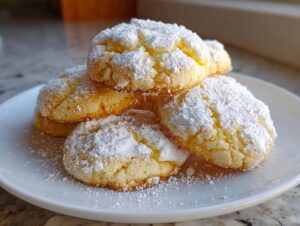 A stack of soft, crinkled Christmas gooey butter cookies heavily dusted with white powdered sugar on a white plate.