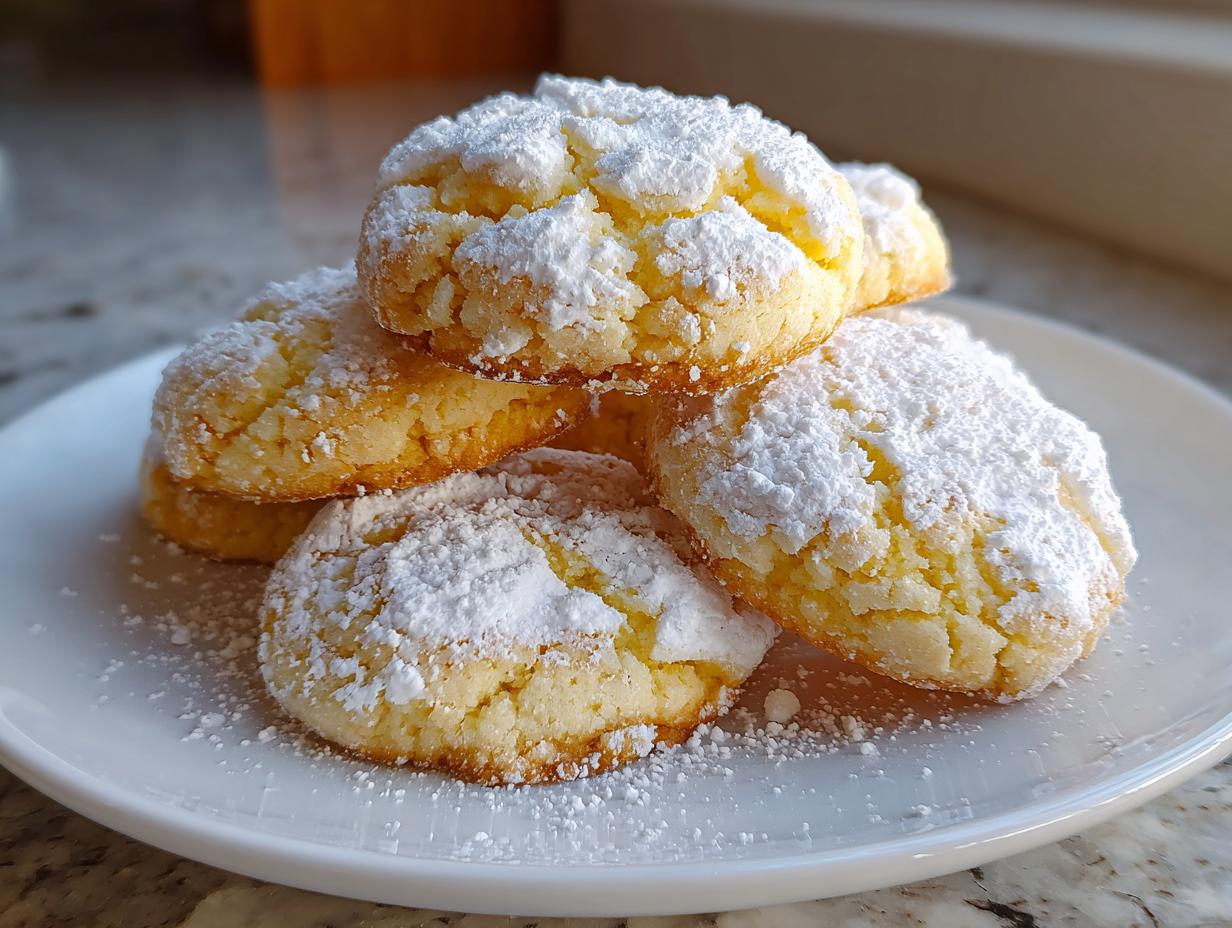 A stack of soft, crinkled Christmas gooey butter cookies heavily dusted with white powdered sugar on a white plate.