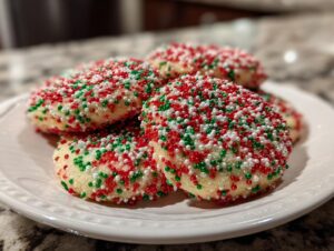 A stack of freshly baked Christmas sprinkle cookies covered in red, green, and white nonpareils on a white plate.