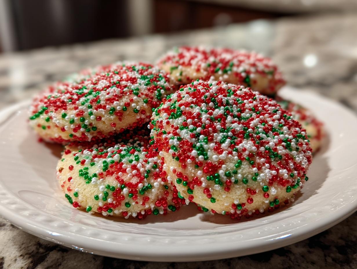 A stack of freshly baked Christmas sprinkle cookies covered in red, green, and white nonpareils on a white plate.