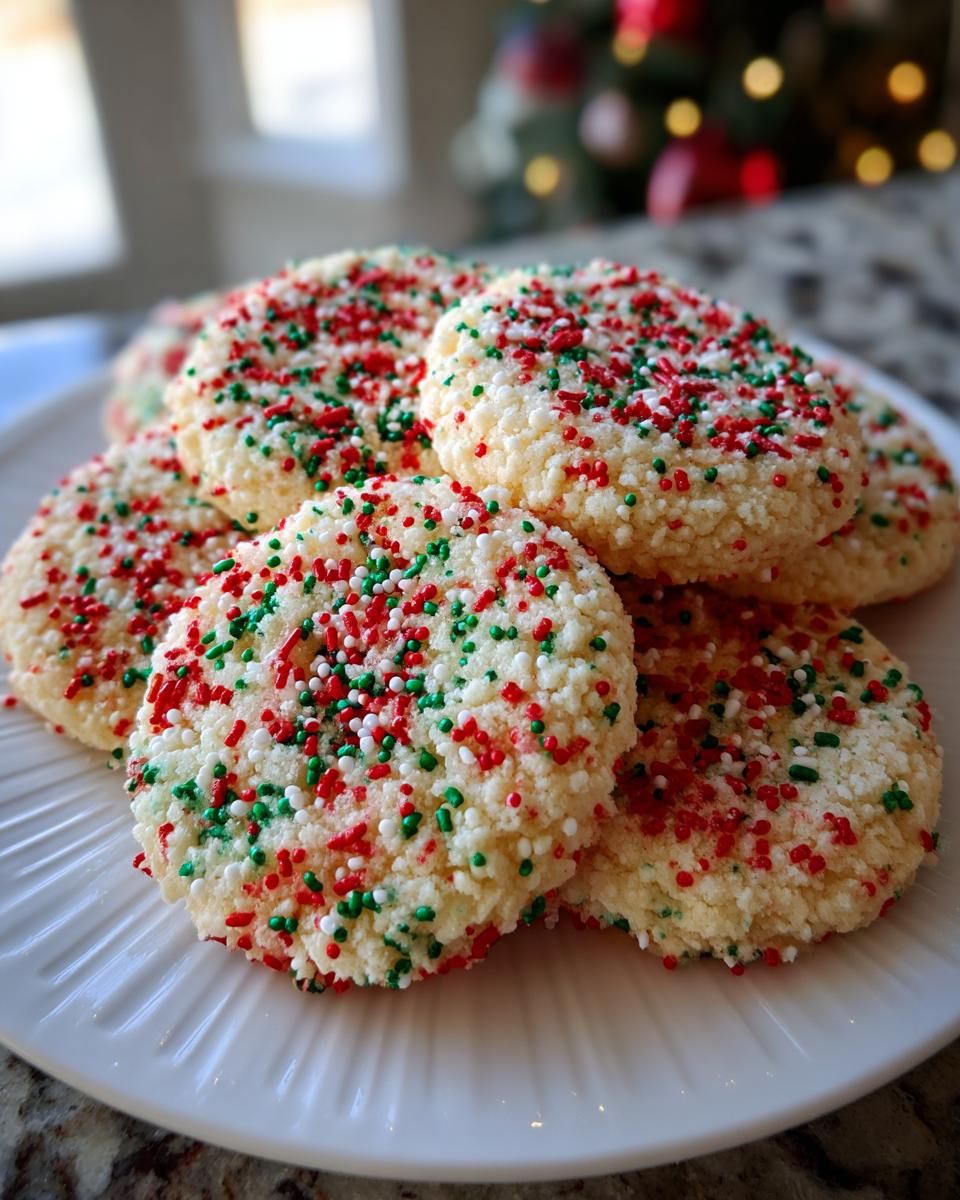 A stack of soft, round christmas sprinkle cookies topped with red, green, and white nonpareils on a white plate.