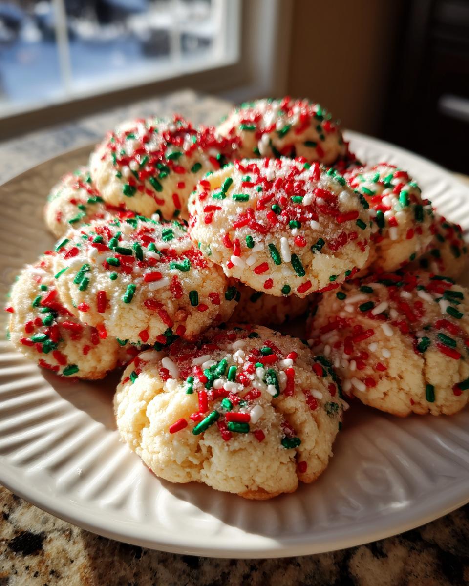 A pile of freshly baked christmas sprinkle cookies topped with red, green, and white sprinkles on a white plate.