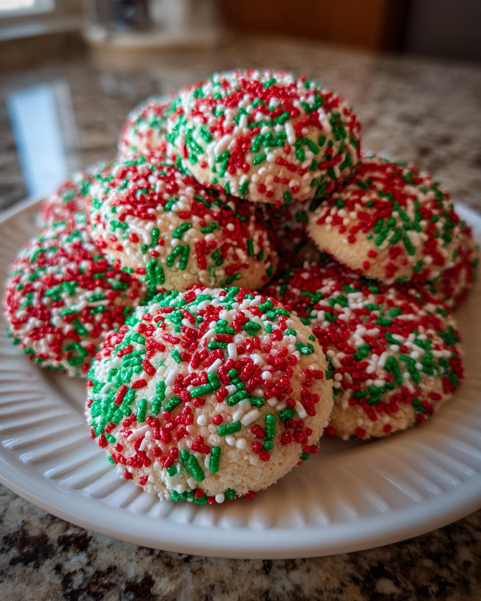 A stack of soft, round christmas sprinkle cookies covered in red, green, and white sprinkles on a white plate.