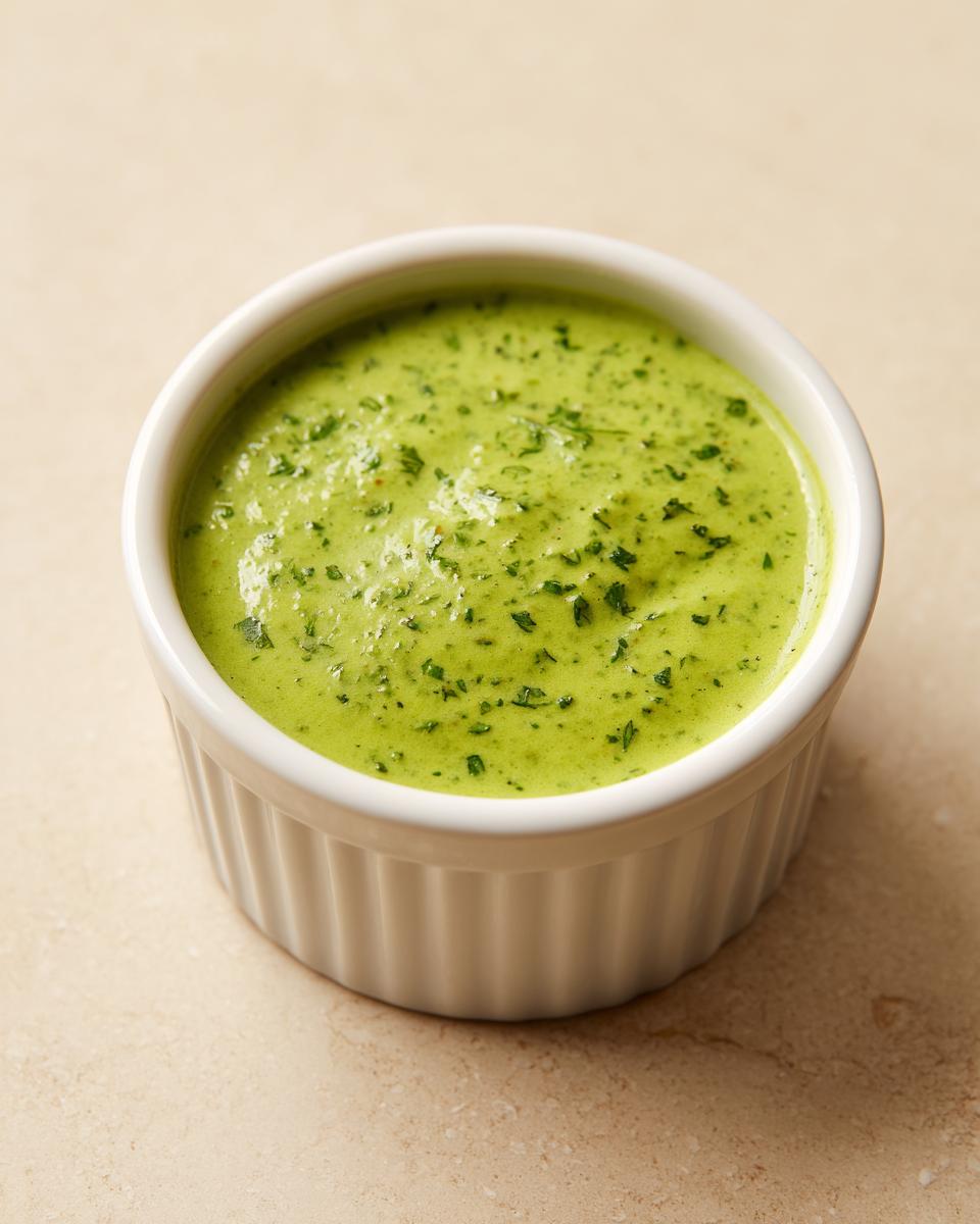 Close-up of creamy, bright green cilantro lime sauce topped with chopped herbs in a small white ramekin.