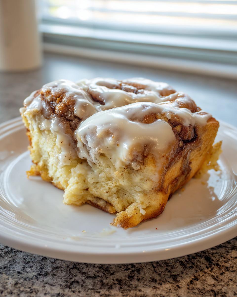 A single, fluffy square serving of cinnamon roll apple pie topped with thick white icing.