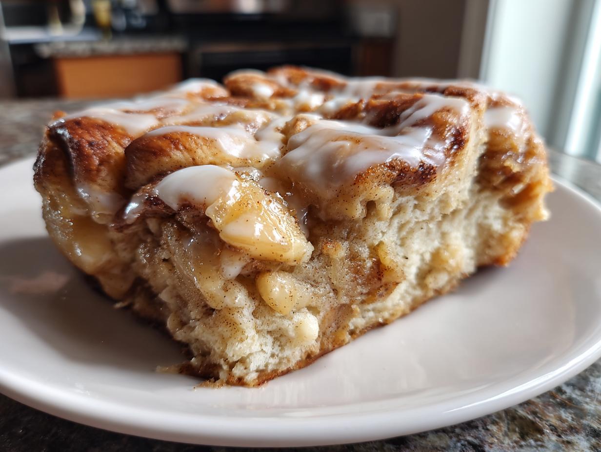 A close-up of a soft, glazed slice of cinnamon roll apple pie showing the swirl and apple filling.