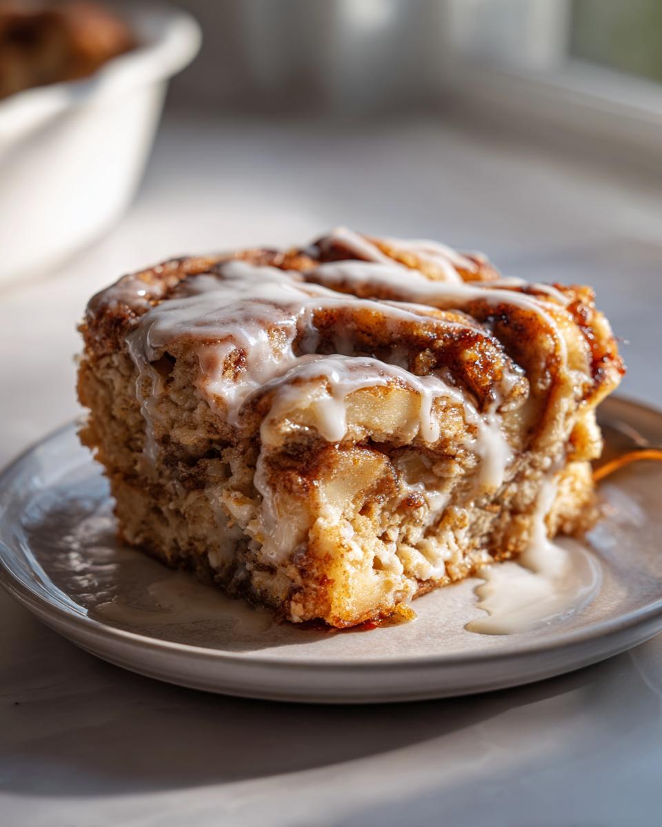 A close-up of a square slice of cinnamon roll apple pie topped with white icing, sitting on a small plate.