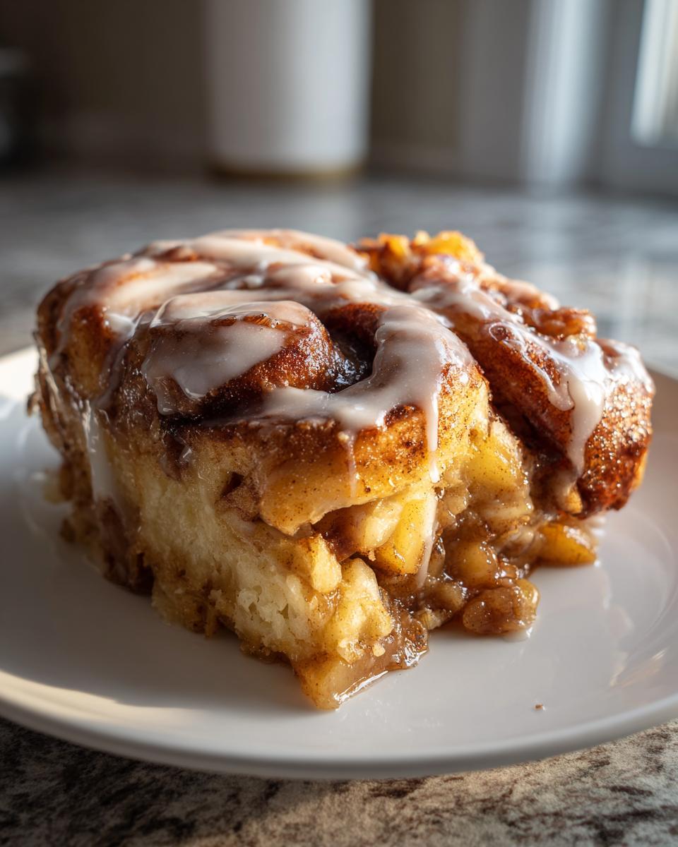 A close-up of a single serving of cinnamon roll apple pie with gooey apple filling and white icing.