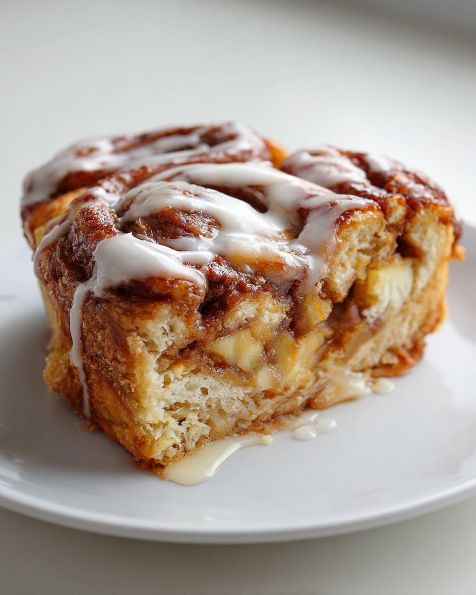 Close-up of a soft slice of cinnamon roll apple pie topped with white vanilla icing.