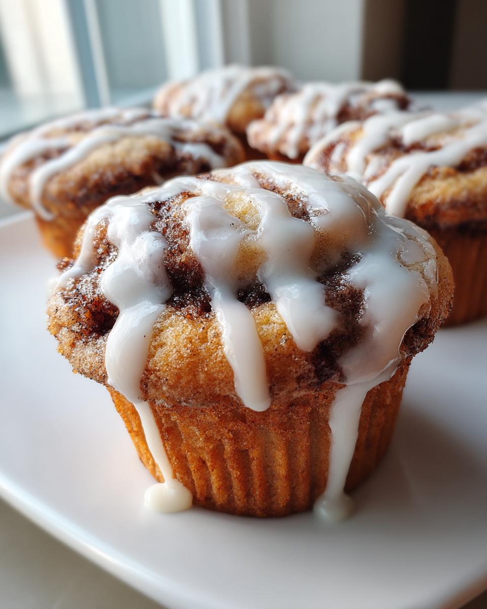 A close-up of a freshly baked cinnamon roll muffin topped with thick white icing dripping down the sides.