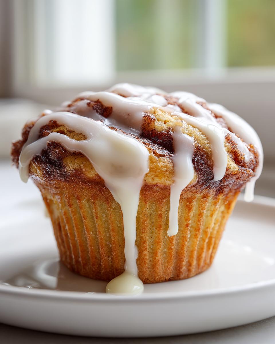 A single, freshly baked cinnamon roll muffin topped with thick, dripping vanilla glaze.