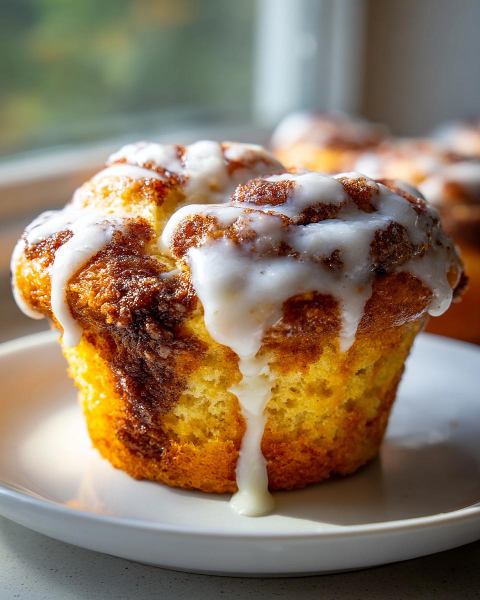 A close-up of a freshly baked cinnamon roll muffin topped with thick, dripping vanilla icing.