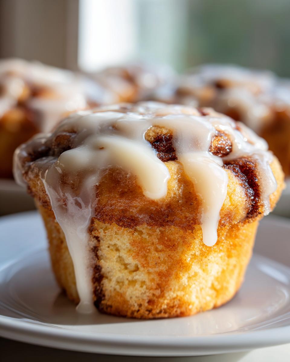 A close-up of a freshly baked cinnamon roll muffin topped with dripping vanilla icing.