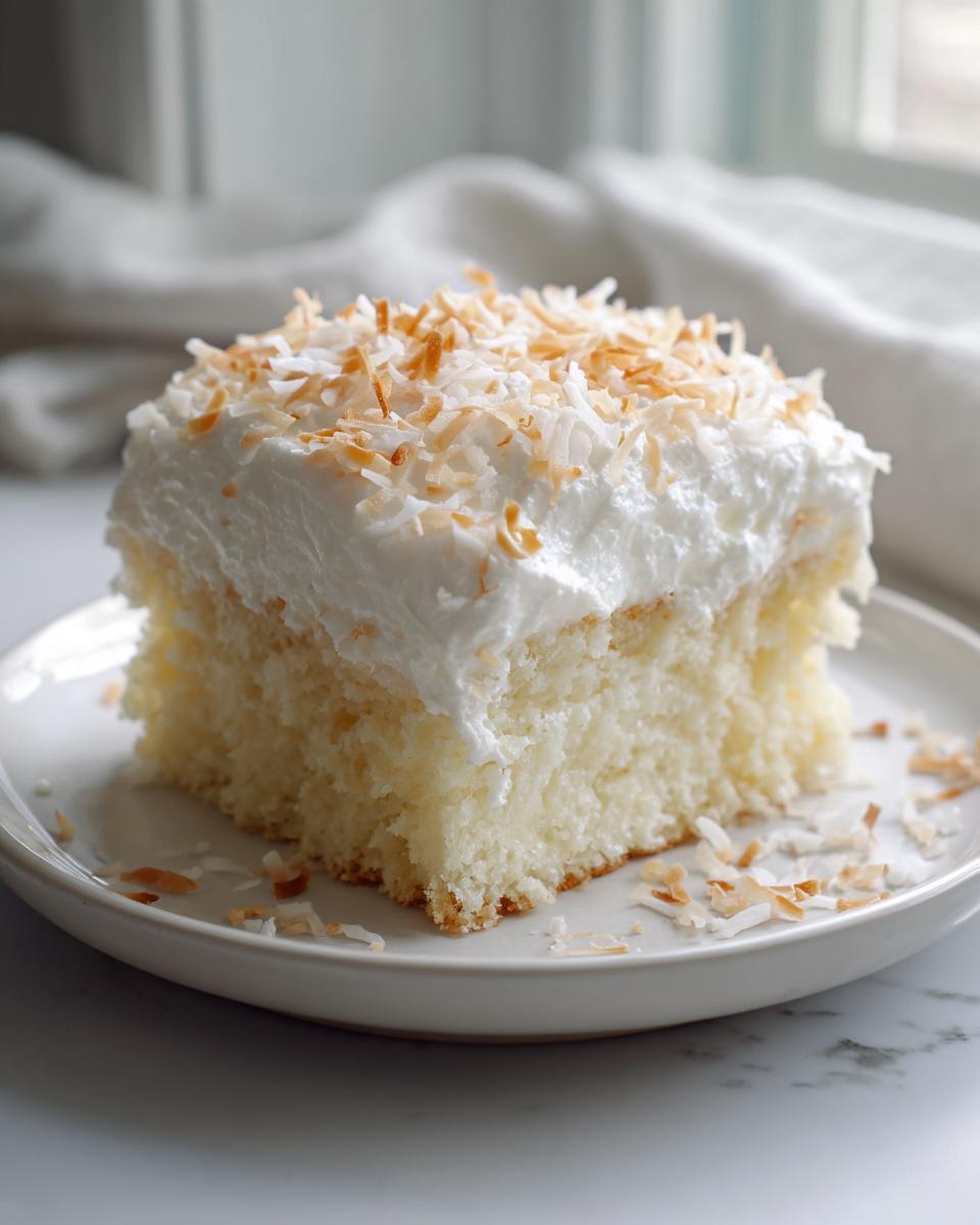 A square slice of moist coconut poke cake topped with white frosting and toasted coconut flakes.