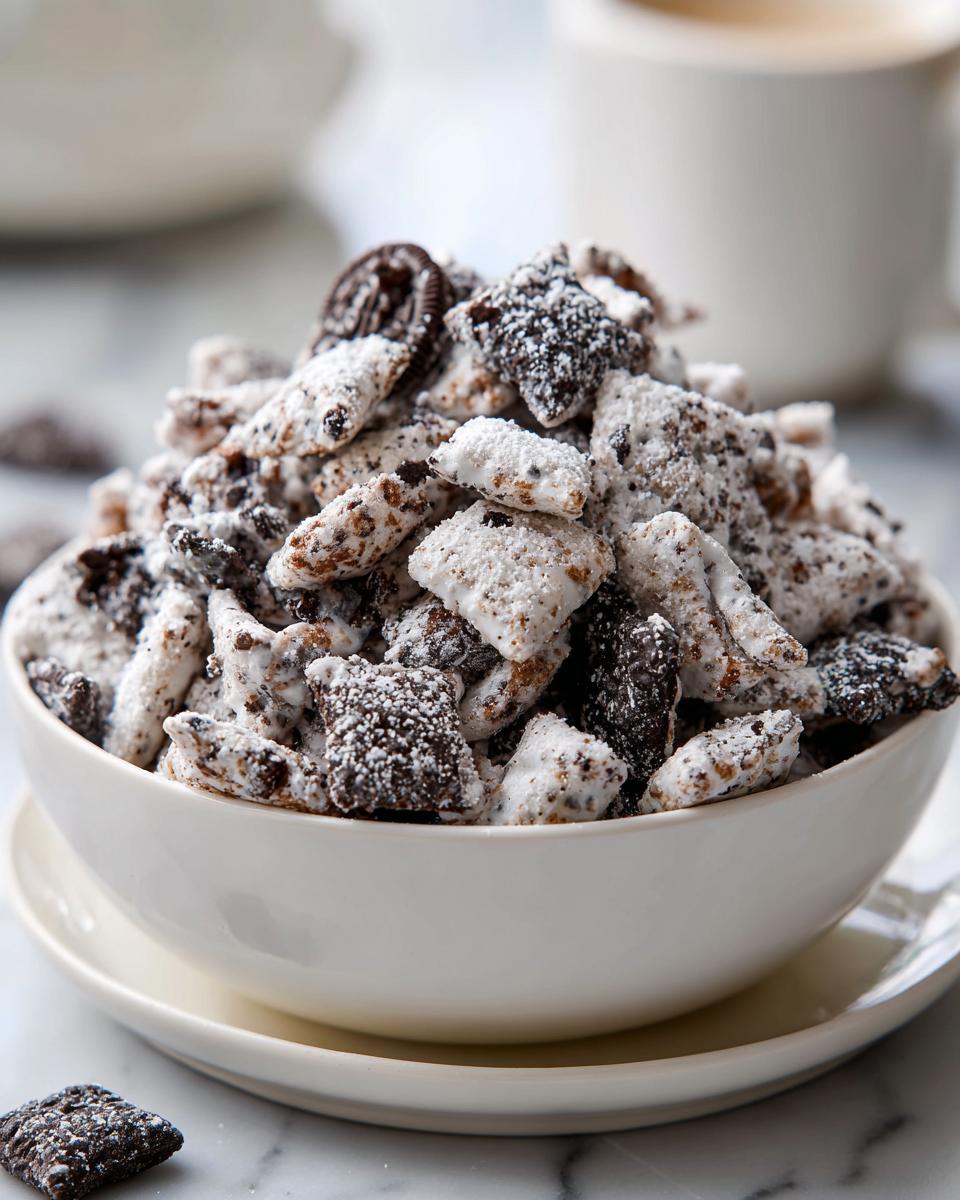 Close-up of a white bowl overflowing with cookies and cream puppy chow, dusted heavily with powdered sugar.