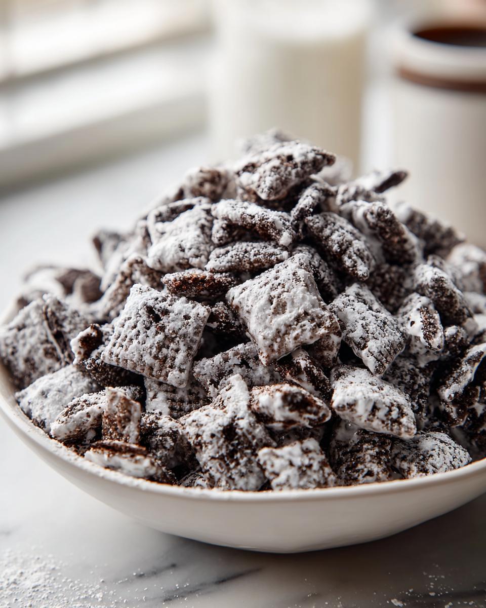 A close-up of a white bowl overflowing with cookies and cream puppy chow heavily coated in powdered sugar.