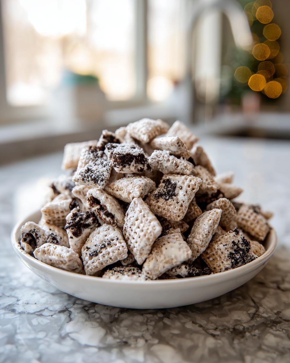 A white bowl overflowing with homemade cookies and cream puppy chow, coated in powdered sugar and cookie crumbs.