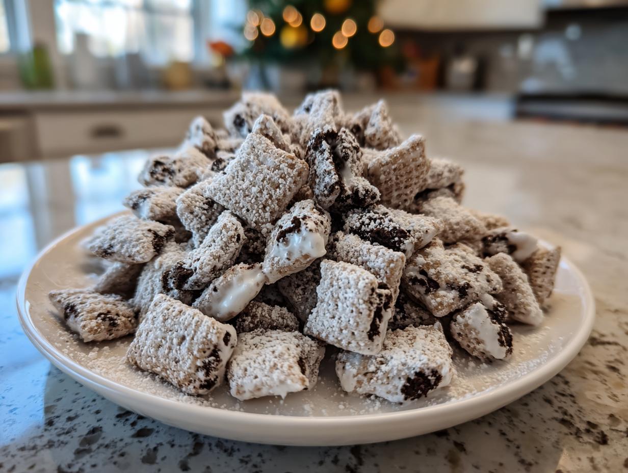A generous pile of homemade cookies and cream puppy chow dusted heavily with powdered sugar on a white plate.