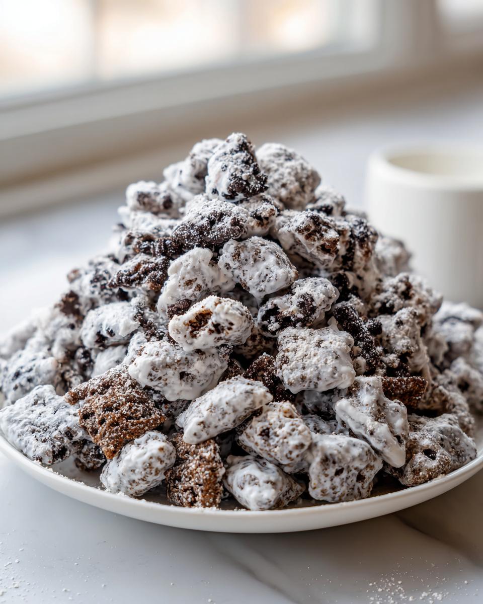 A large mound of cookies and cream puppy chow coated heavily in powdered sugar, served on a white plate.