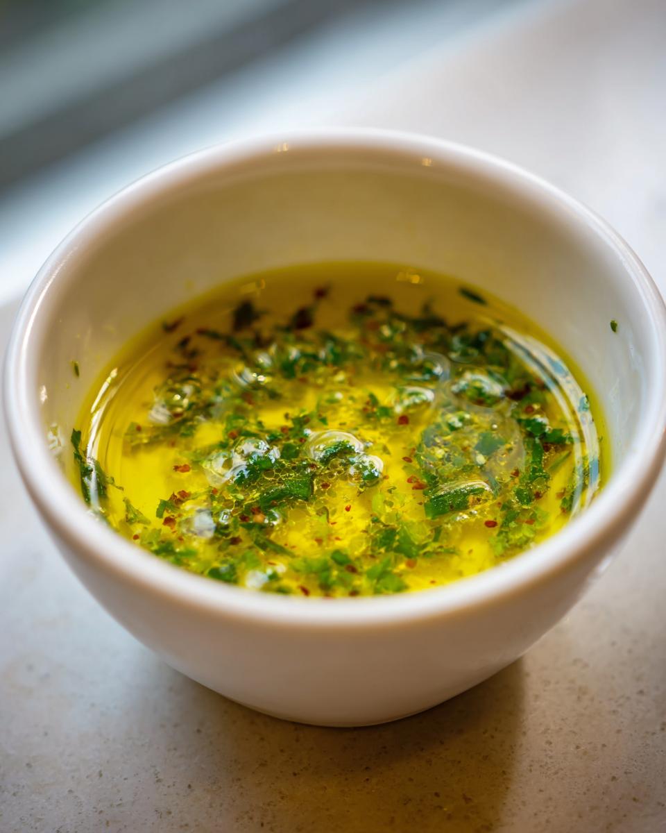 A close-up of vibrant yellow cowboy butter dipping sauce seasoned with green herbs and red pepper flakes in a small white ramekin.