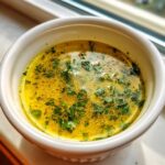 Close-up of melted, seasoned cowboy butter dipping sauce with herbs in a small white bowl.