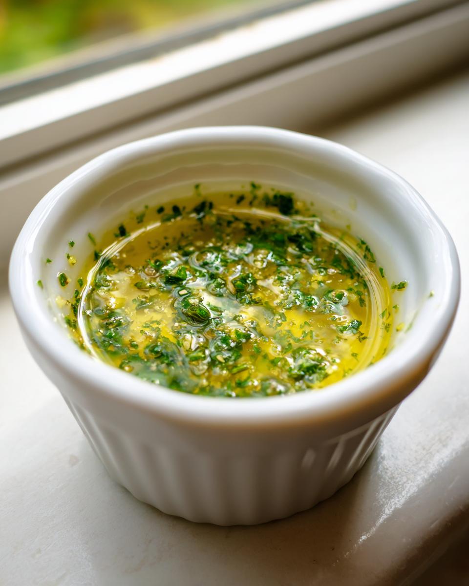 Close-up of melted butter mixed with green herbs and garlic, our cowboy butter dipping sauce, in a small white bowl.
