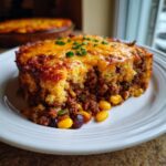 A thick slice of cowboy cornbread casserole showing ground meat, corn, beans, and a melted cheddar cheese topping.