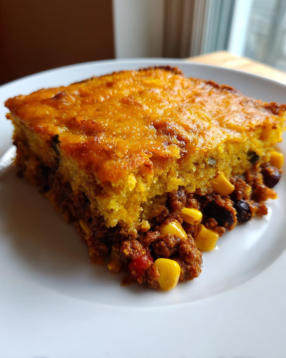 A close-up slice of cowboy cornbread casserole showing a thick, cheesy top layer over a hearty chili filling with corn and beans.