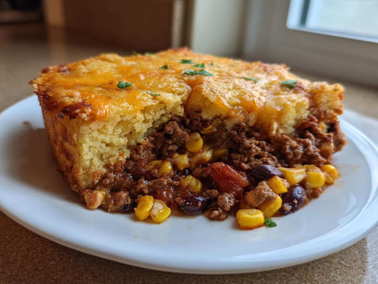 A thick slice of cowboy cornbread casserole showing a ground beef, bean, and corn filling topped with melted cheddar cheese.