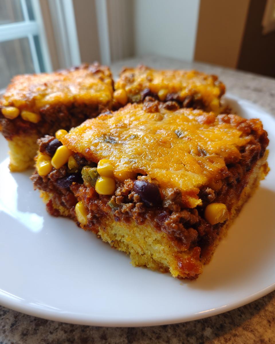 Three slices of cowboy cornbread casserole topped with seasoned ground beef, corn, beans, and melted cheddar cheese.
