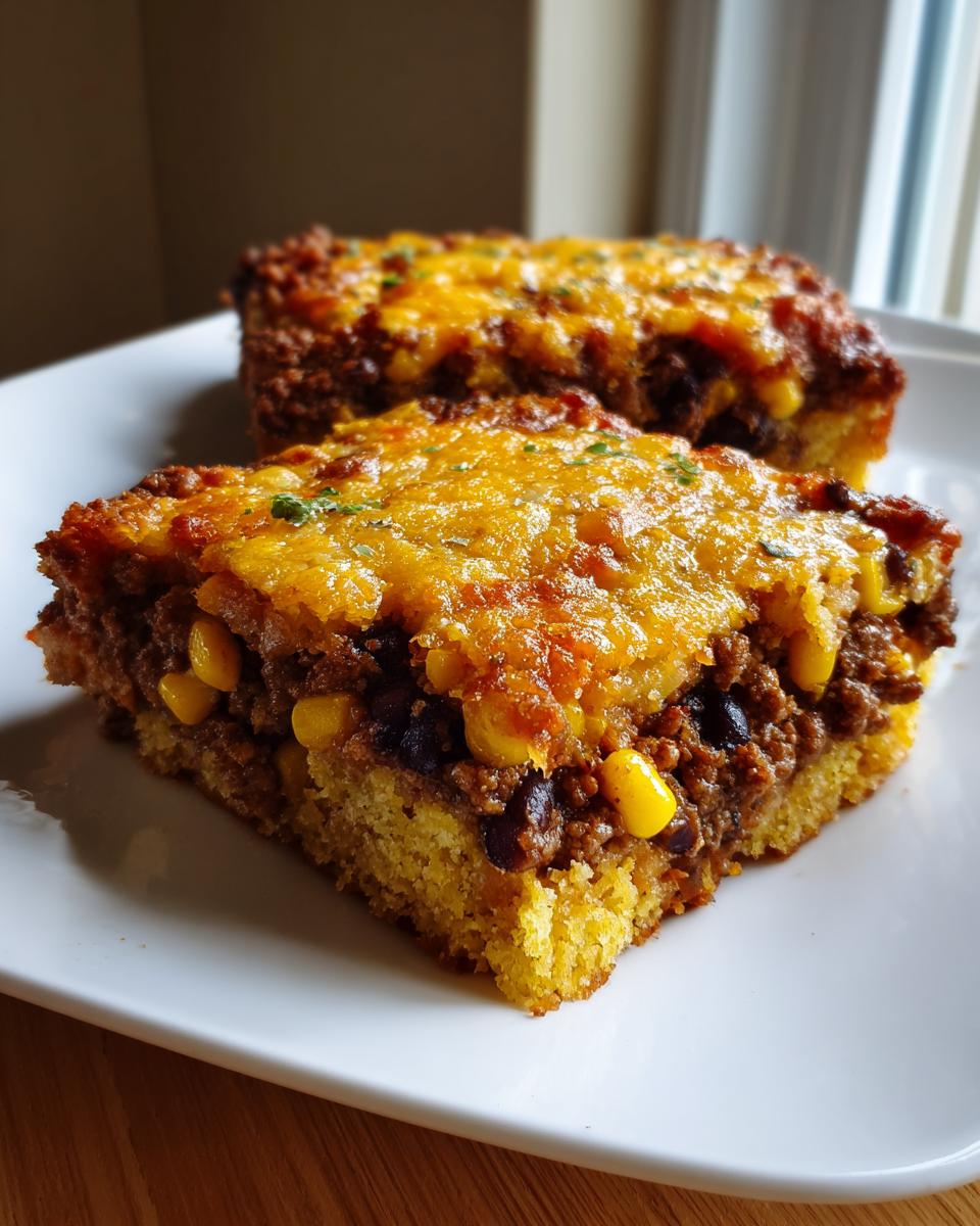 Two slices of cowboy cornbread casserole featuring a thick layer of seasoned ground beef, corn, and black beans, topped with melted cheddar cheese.