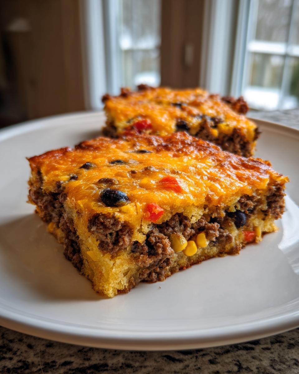 Two squares of cowboy cornbread casserole with ground beef, corn, beans, and melted cheese topping on a white plate.