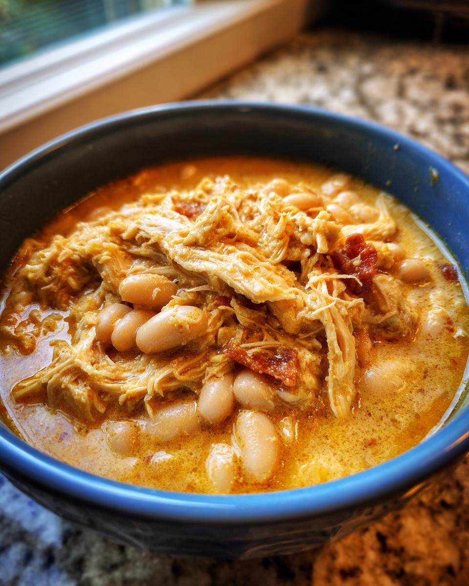 Close-up of a hearty bowl of cream cheese chicken chili featuring shredded chicken and white beans in a creamy orange broth.