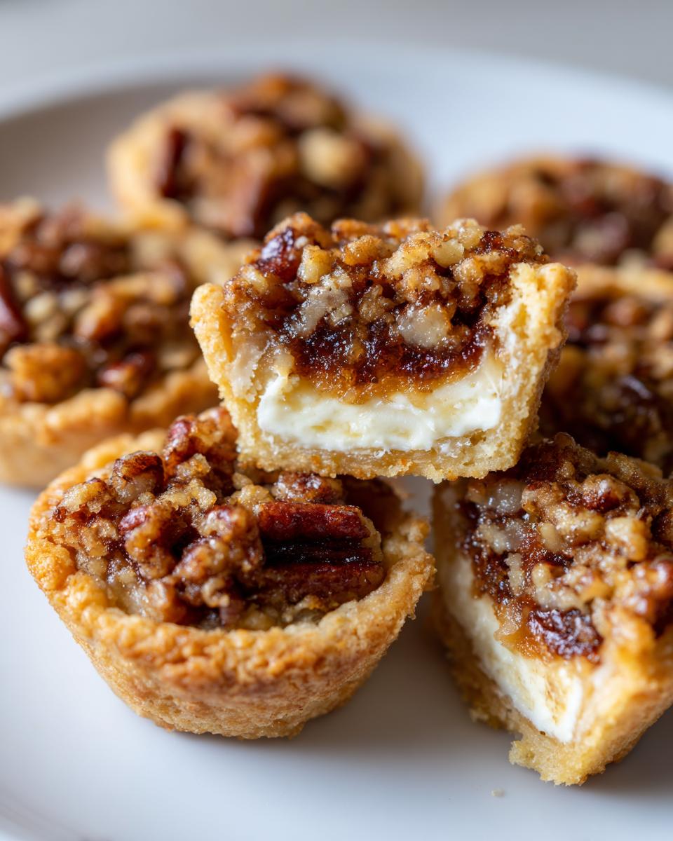 Close-up of pecan tassies, one cut in half showing a creamy white layer beneath the pecan filling.