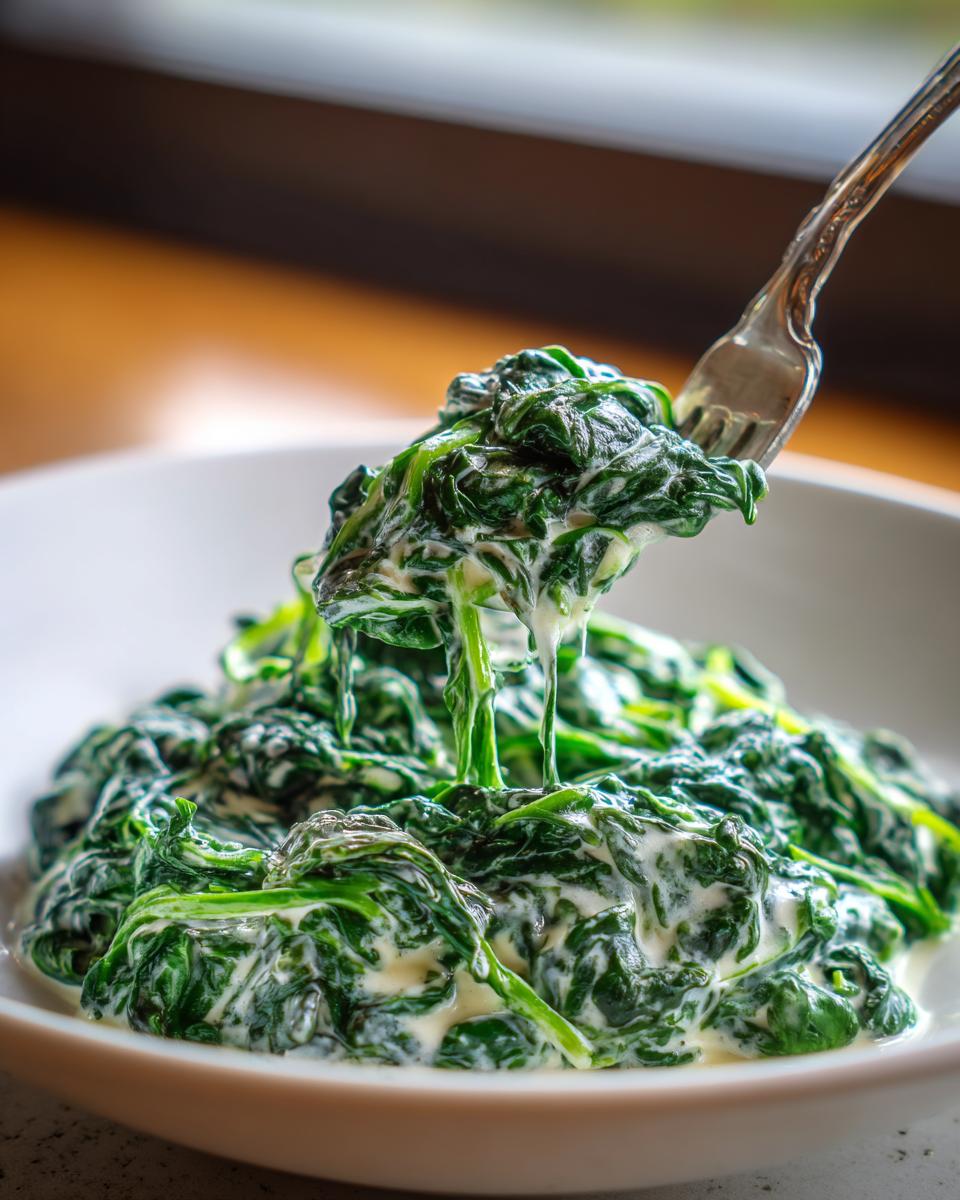A fork lifting a portion of rich, green creamed spinach recipe from a white bowl, showing creamy sauce dripping.