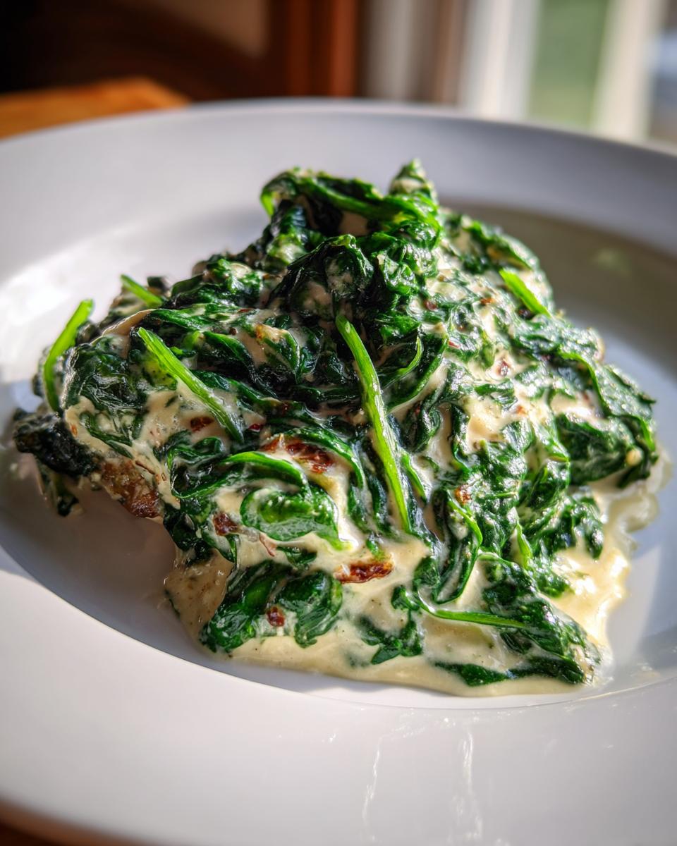 A close-up of a serving of rich, green creamed spinach recipe on a white plate.