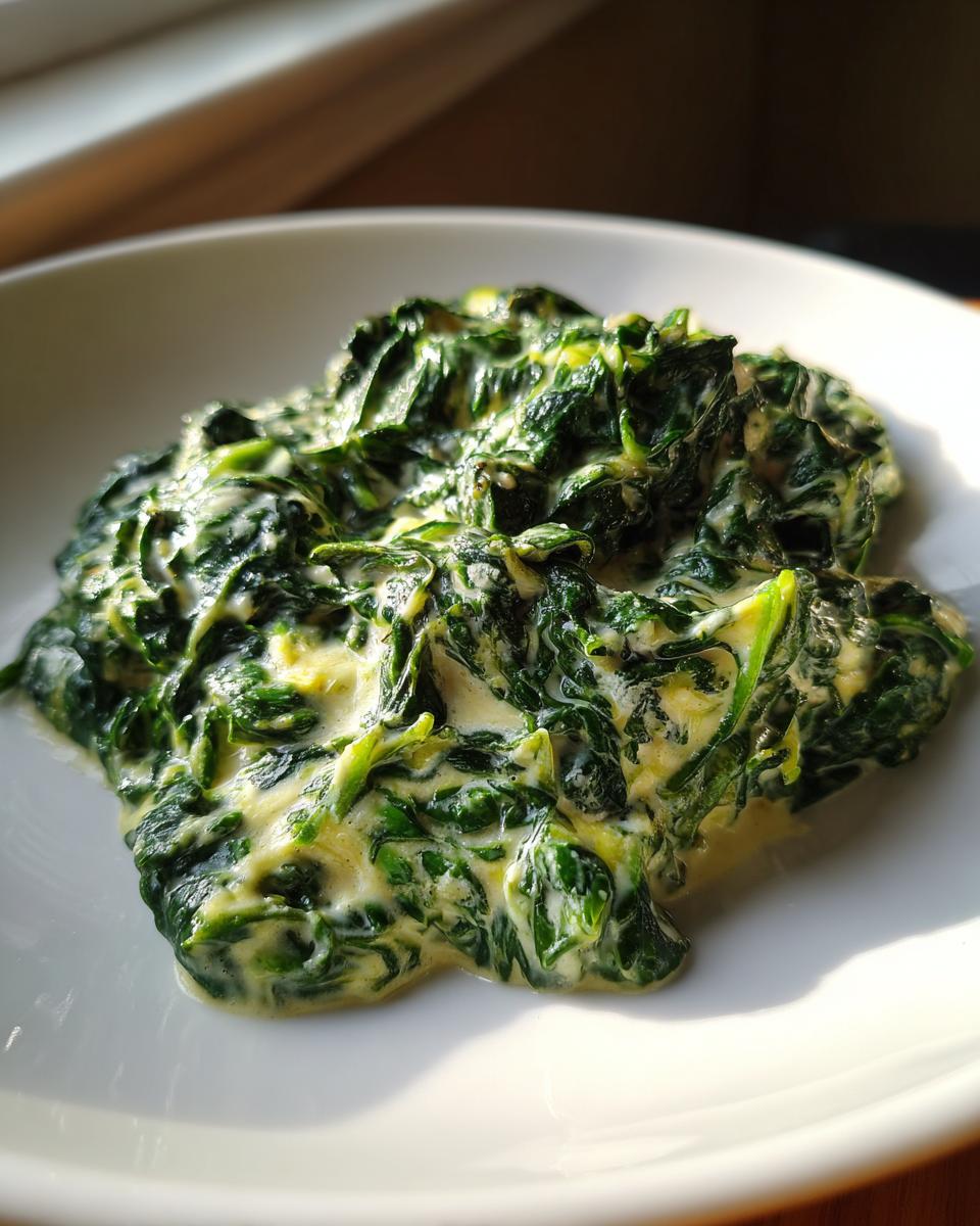 Close-up of a portion of rich creamed spinach recipe served on a white plate, glistening under natural light.