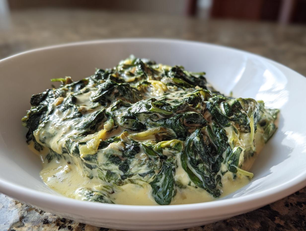 Close-up of rich, homemade creamed spinach recipe served in a white bowl.