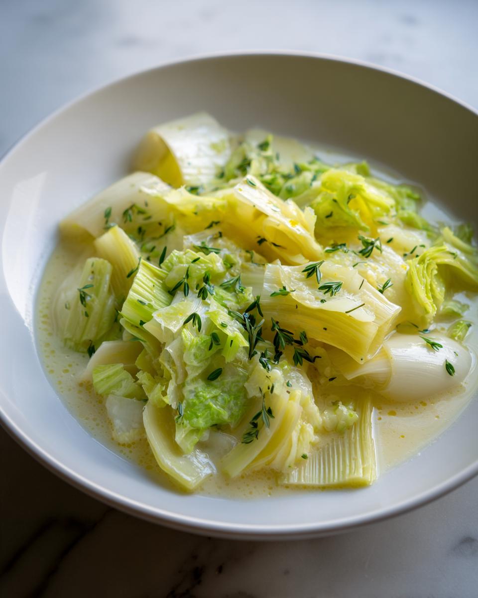 Close-up of tender braised leeks served in a creamy white sauce and garnished with fresh thyme.
