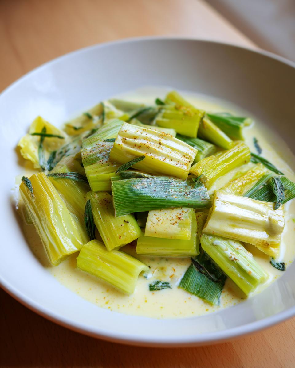 Close-up of tender, bright green and white braised leeks served in a creamy white sauce, sprinkled with spice.