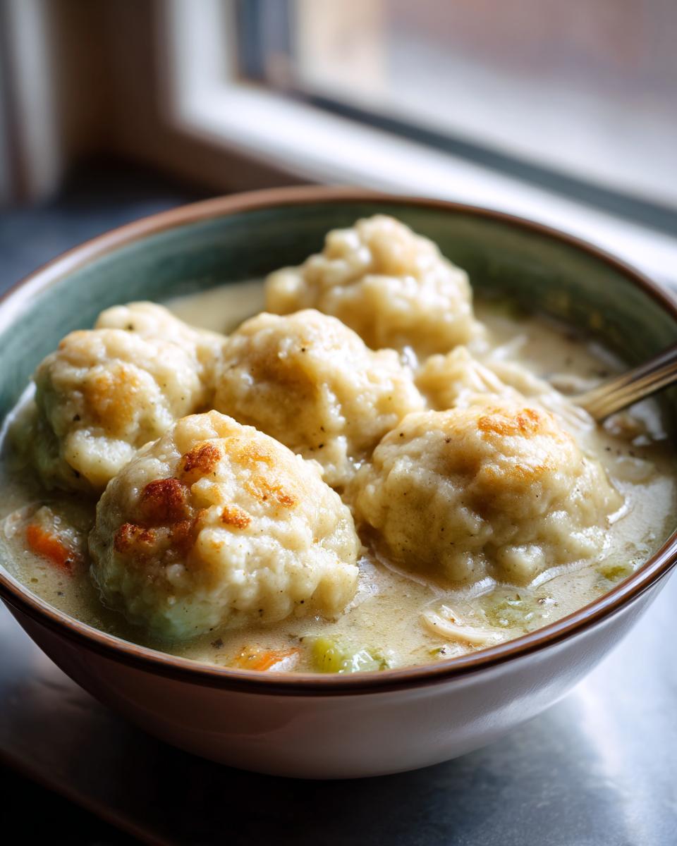 Close-up of fluffy, golden-topped dumplings submerged in creamy chicken and dumpling stew with visible vegetables.